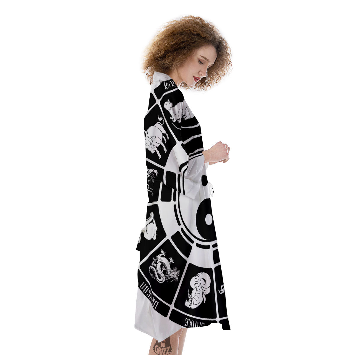 Chinese Zodiac White And Black Print Kimono-grizzshop