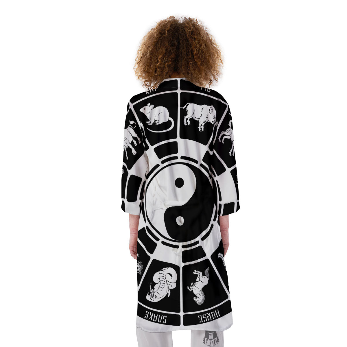 Chinese Zodiac White And Black Print Kimono-grizzshop