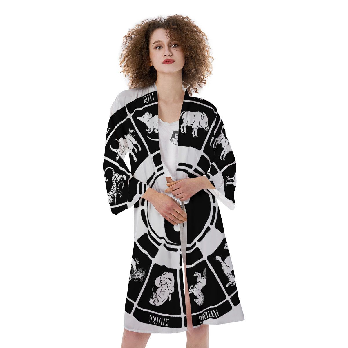 Chinese Zodiac White And Black Print Kimono-grizzshop