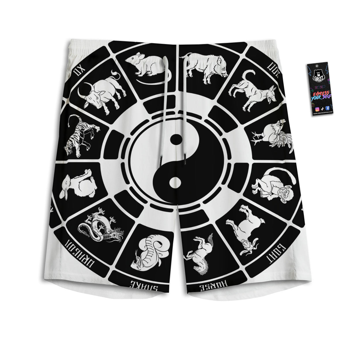 Chinese Zodiac White And Black Print Men's Athletic Shorts