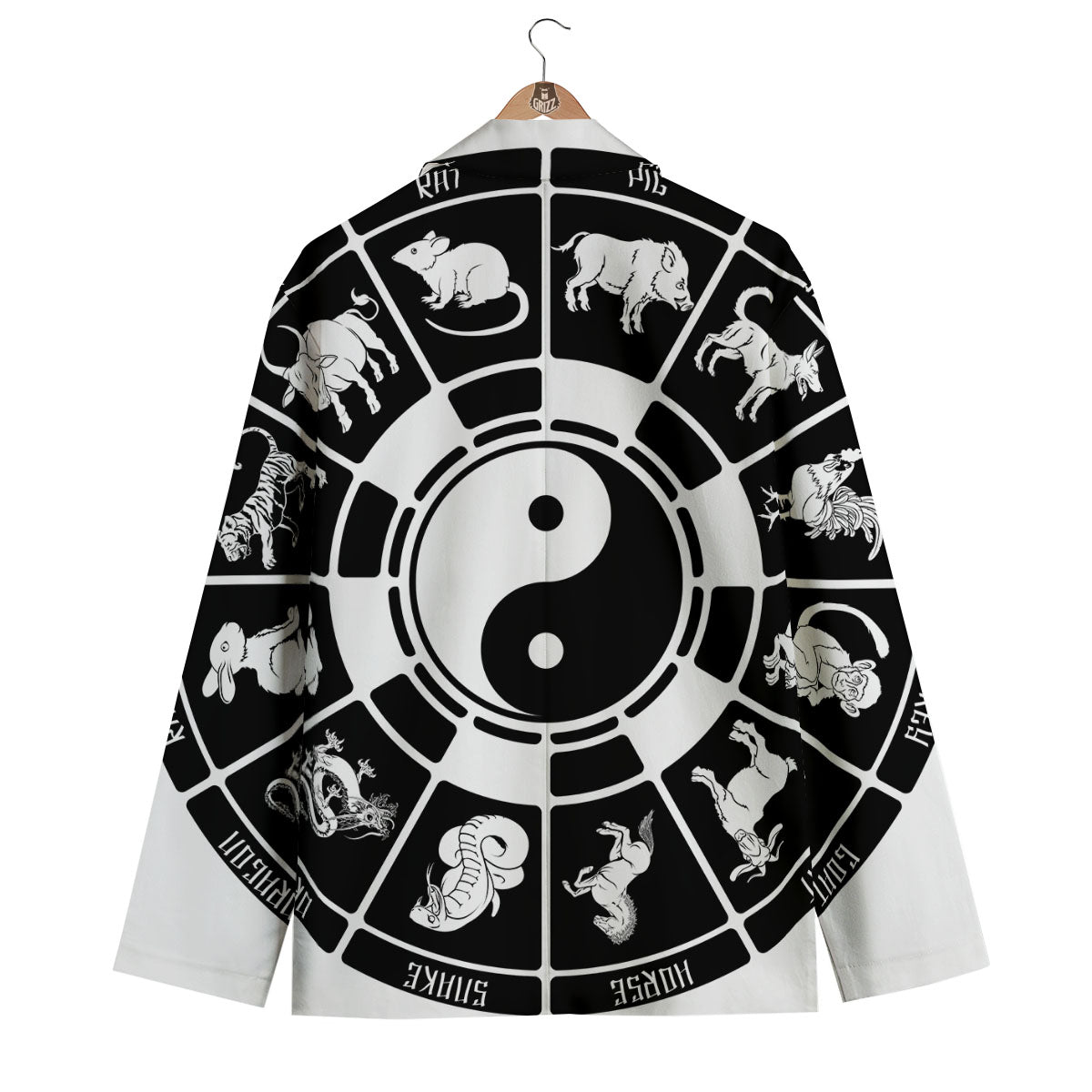 Chinese Zodiac White And Black Print Men's Blazer-grizzshop