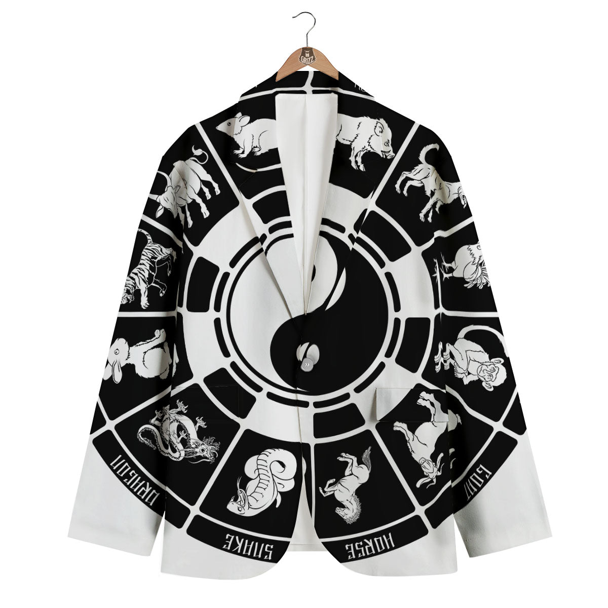 Chinese Zodiac White And Black Print Men's Blazer-grizzshop