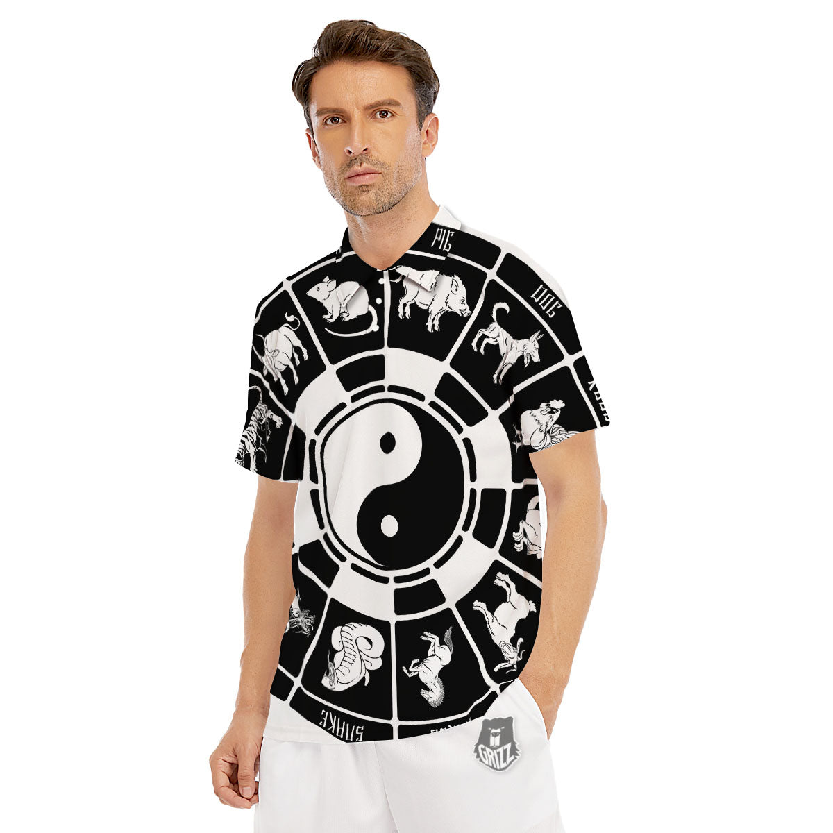 Chinese Zodiac White And Black Print Men's Golf Shirts-grizzshop