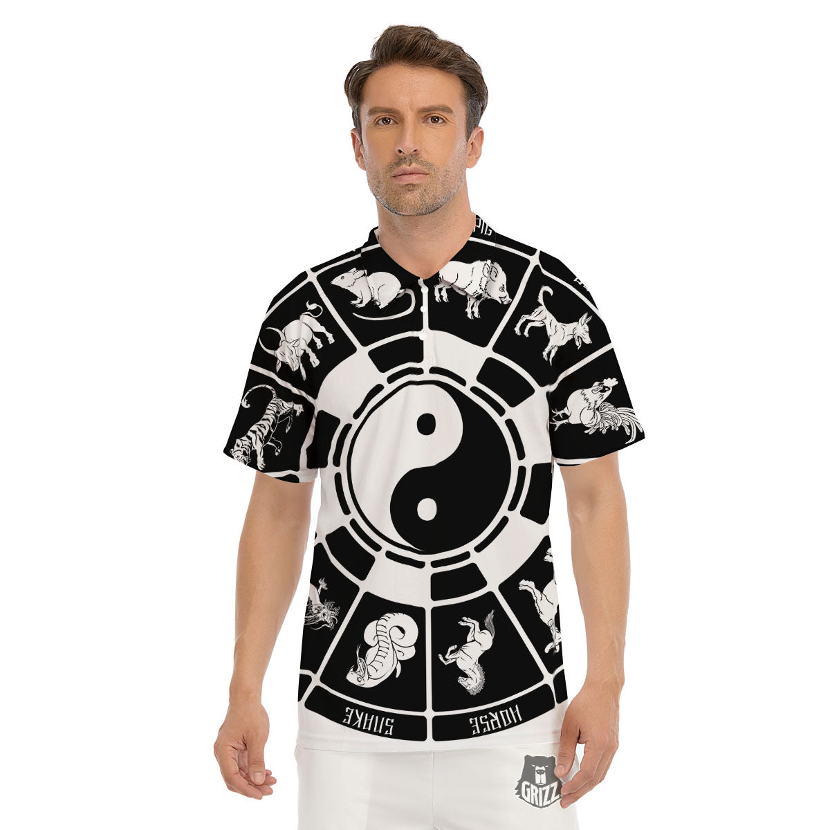 Chinese Zodiac White And Black Print Men's Golf Shirts-grizzshop