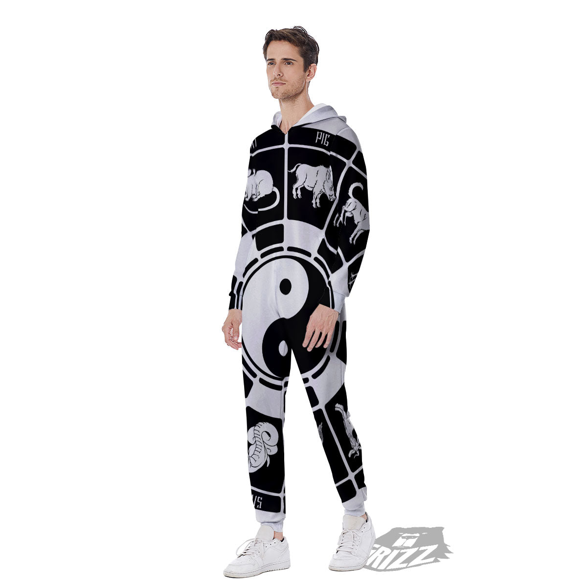 Chinese Zodiac White And Black Print Men's Jumpsuit-grizzshop