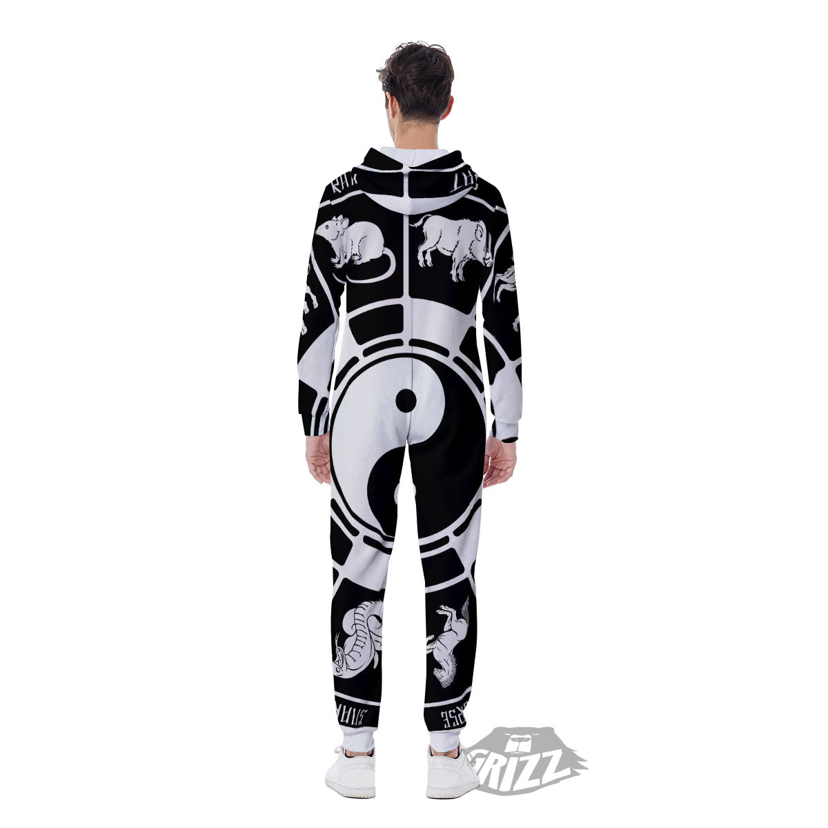Chinese Zodiac White And Black Print Men's Jumpsuit-grizzshop