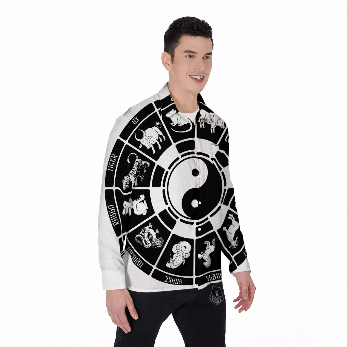 Chinese Zodiac White And Black Print Men's Long Sleeve Shirts-grizzshop