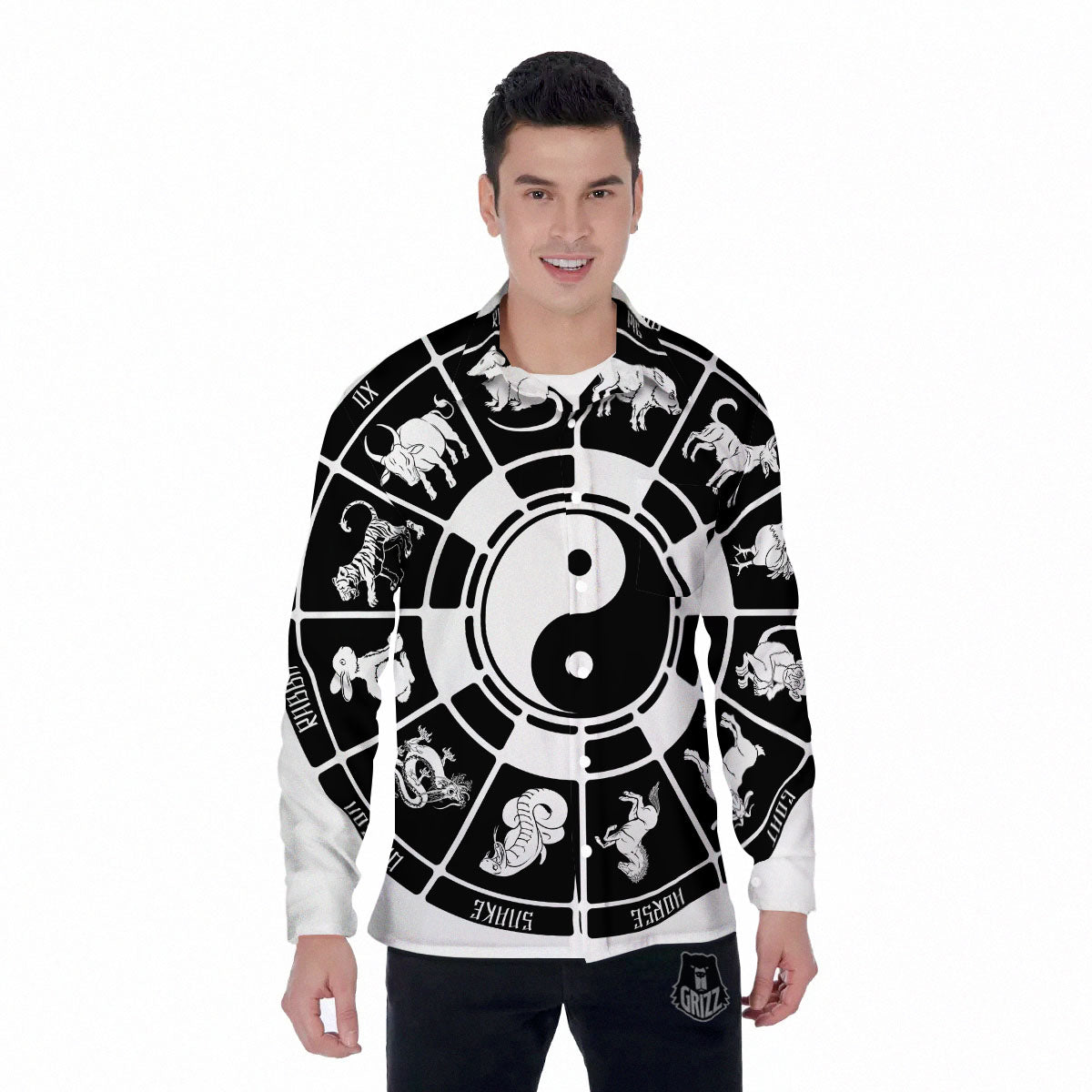 Chinese Zodiac White And Black Print Men's Long Sleeve Shirts-grizzshop