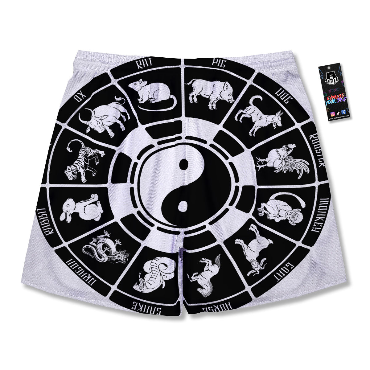 Chinese Zodiac White And Black Print Men's Running Shorts-grizzshop