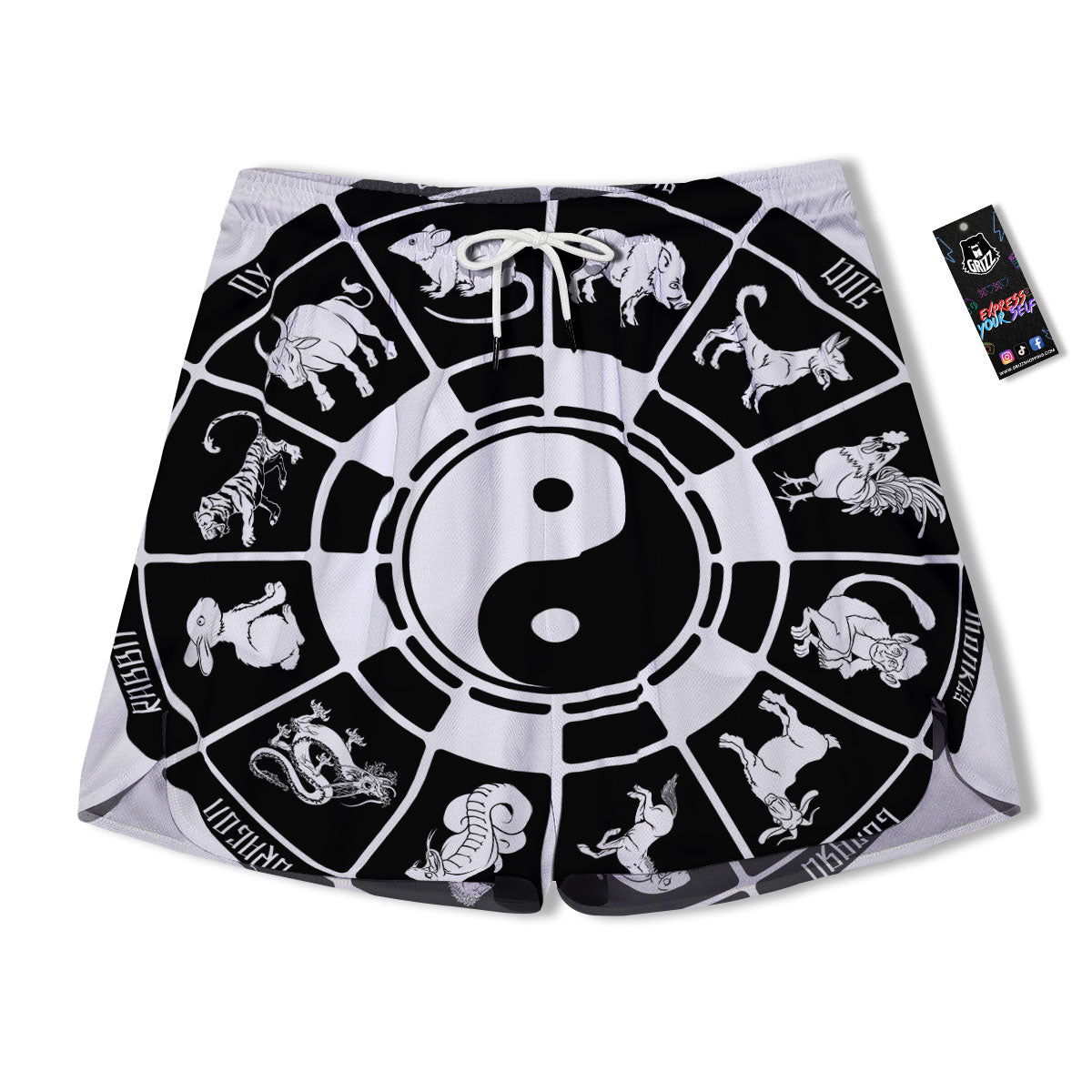 Chinese Zodiac White And Black Print Men's Running Shorts-grizzshop