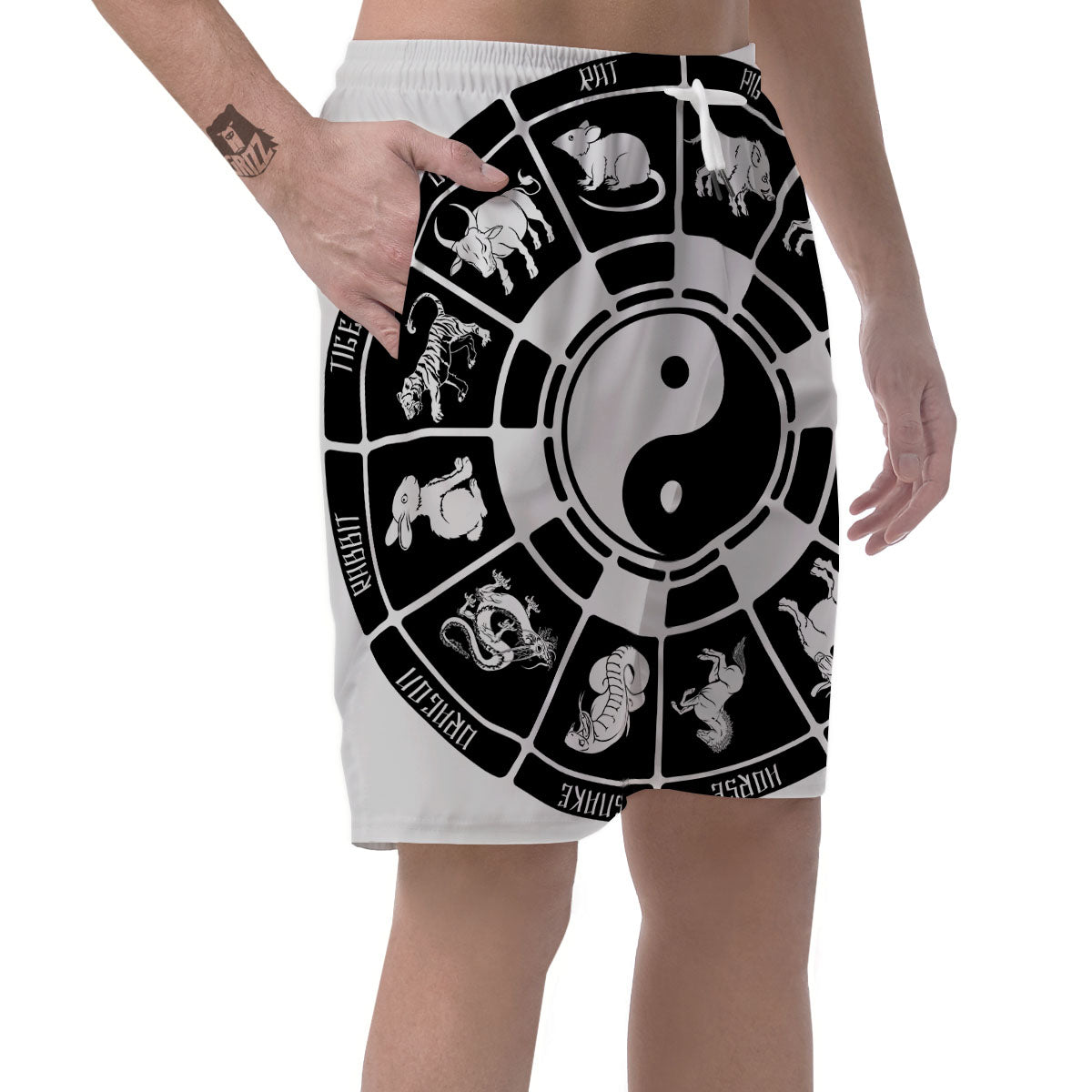 Chinese Zodiac White And Black Print Men's Shorts-grizzshop