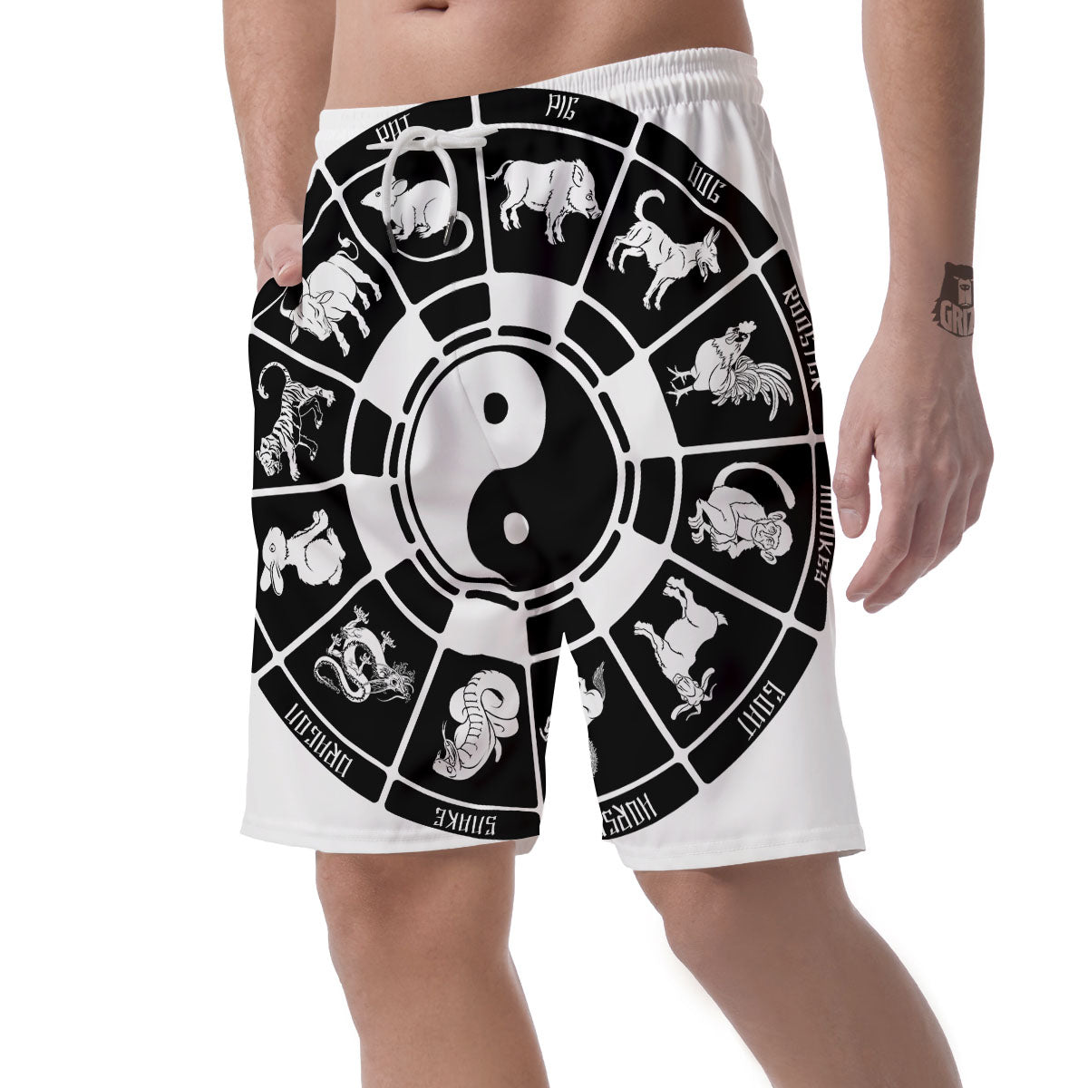 Chinese Zodiac White And Black Print Men's Shorts-grizzshop