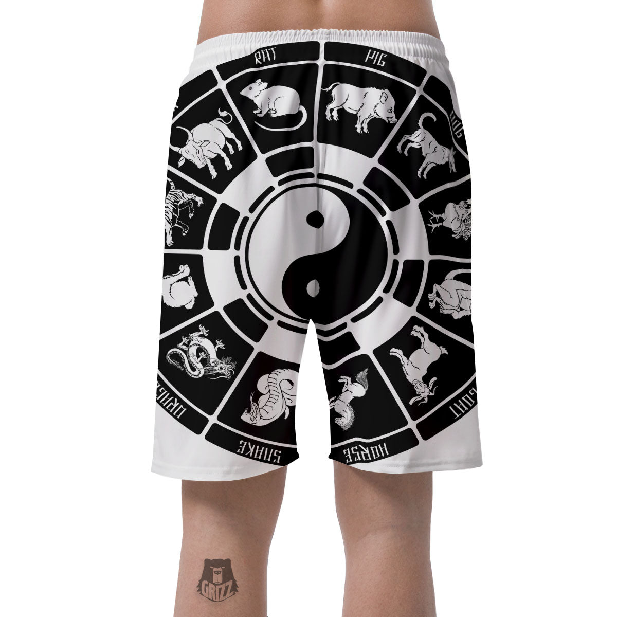 Chinese Zodiac White And Black Print Men's Shorts-grizzshop