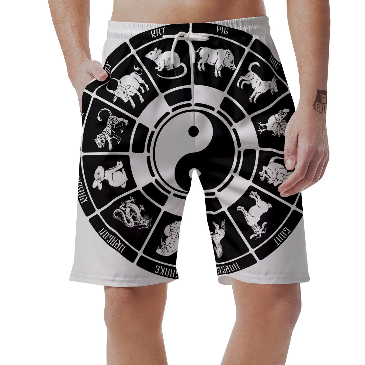 Chinese Zodiac White And Black Print Men's Shorts-grizzshop