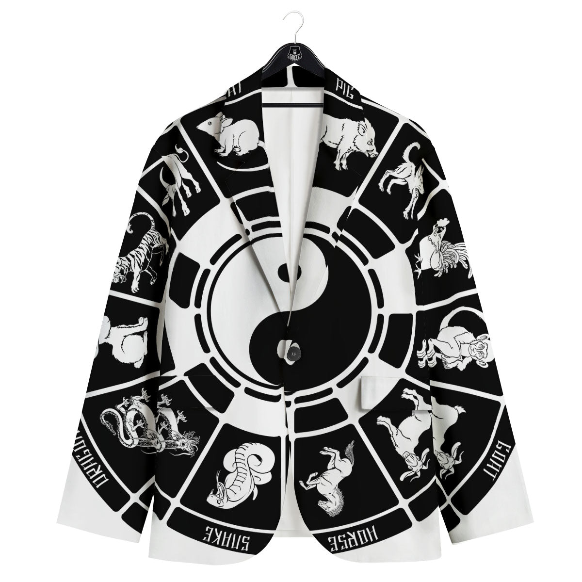 Chinese Zodiac White And Black Print Men's Sport Coat-grizzshop