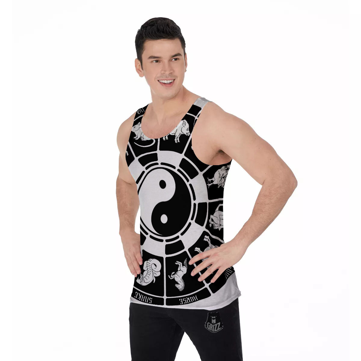 Chinese Zodiac White And Black Print Men's Tank Top-grizzshop