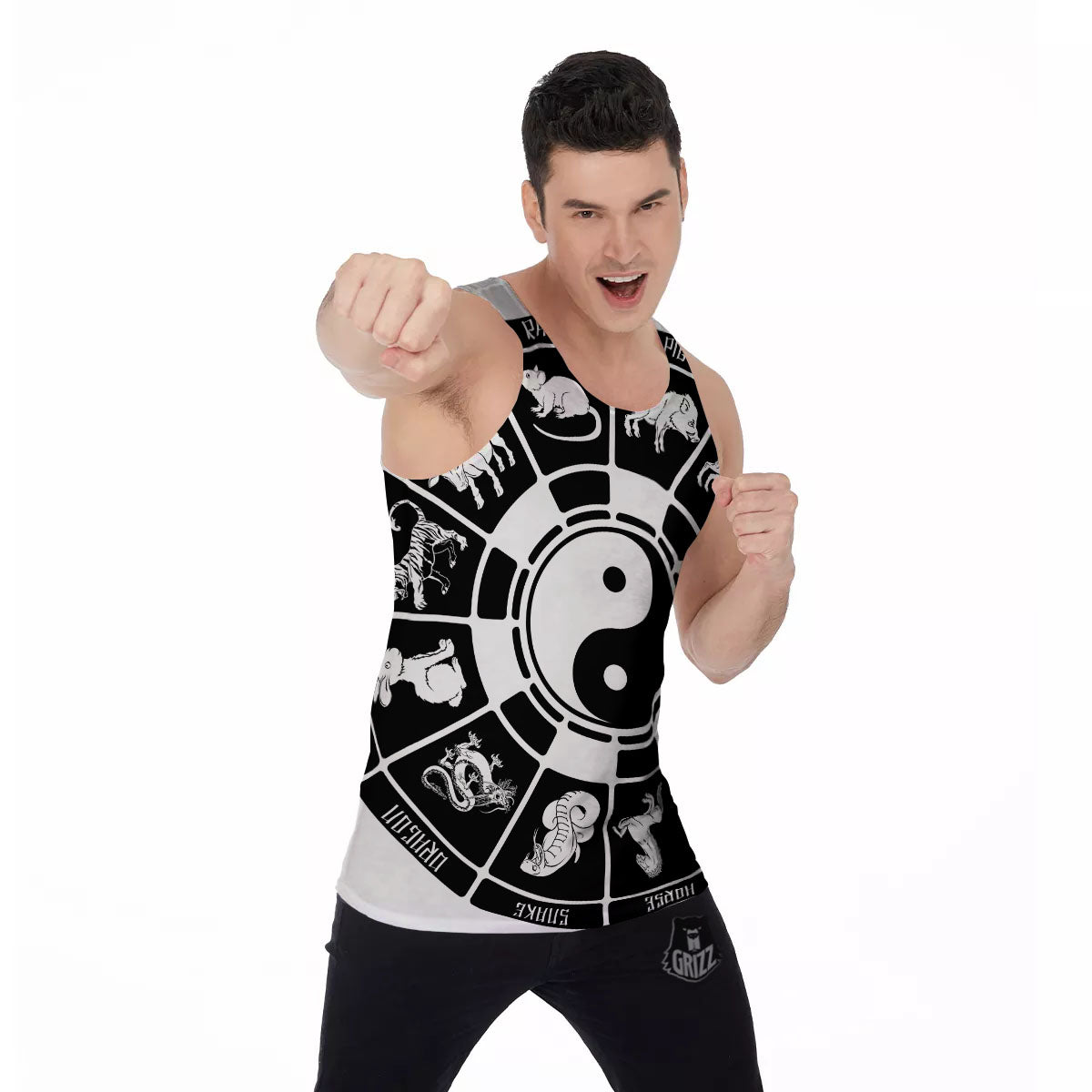 Chinese Zodiac White And Black Print Men's Tank Top-grizzshop