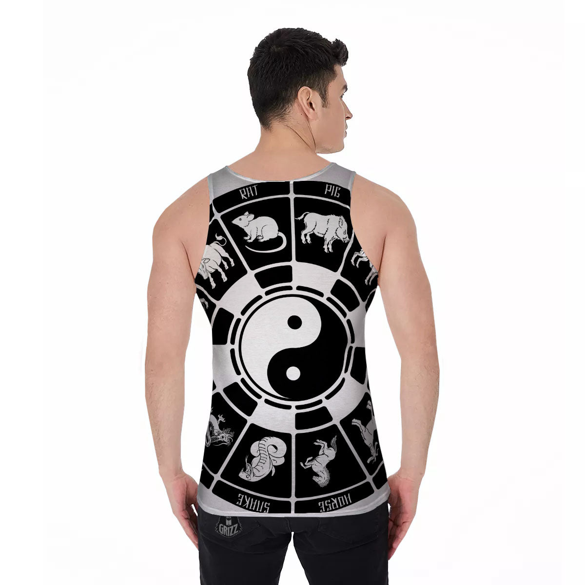 Chinese Zodiac White And Black Print Men's Tank Top-grizzshop