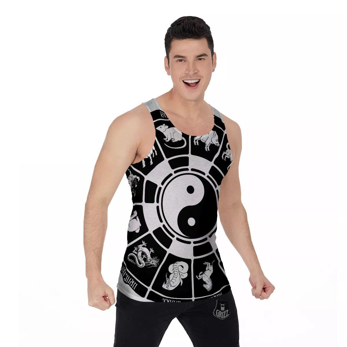 Chinese Zodiac White And Black Print Men's Tank Top-grizzshop