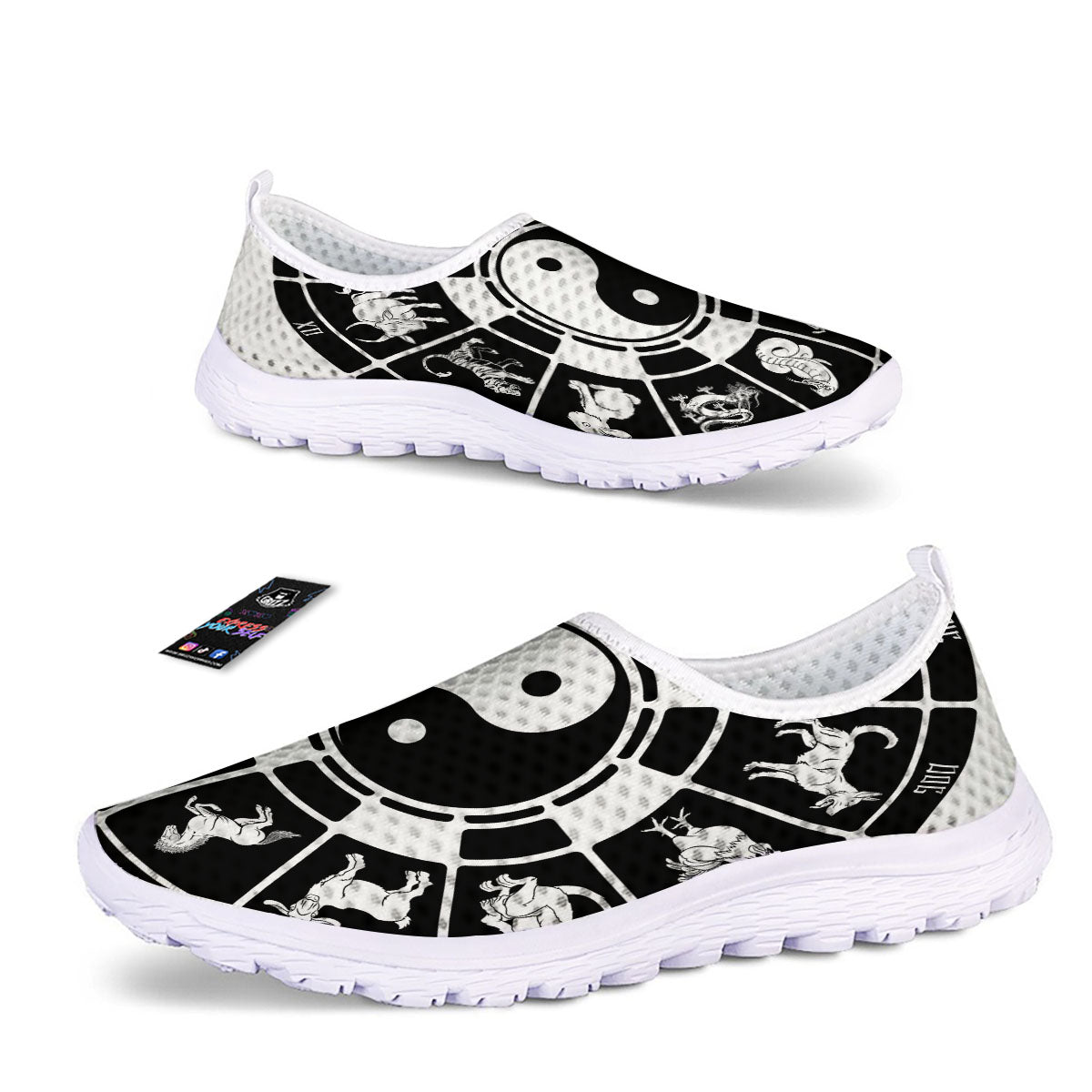Chinese Zodiac White And Black Print Nurse Shoes-grizzshop