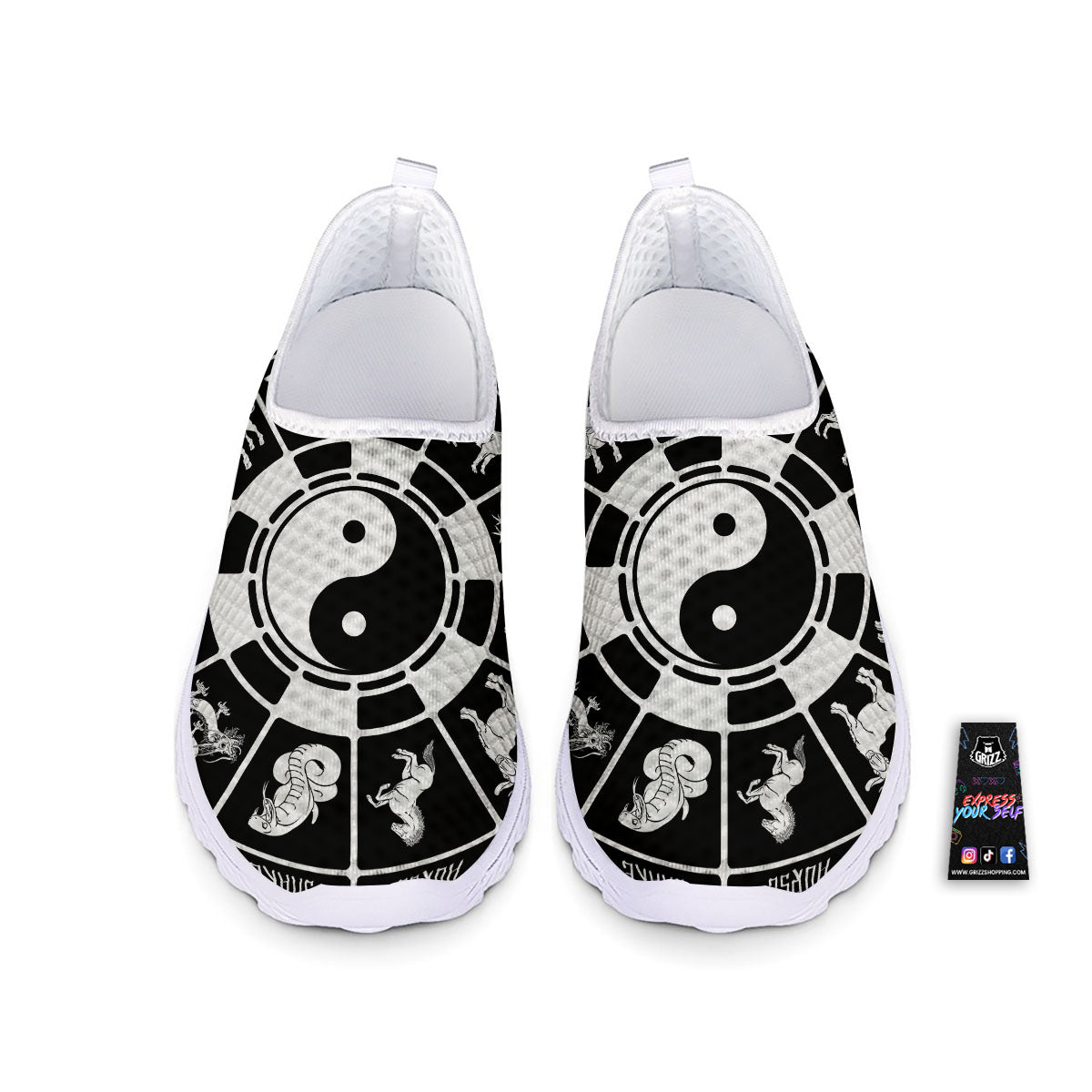 Chinese Zodiac White And Black Print Nurse Shoes-grizzshop