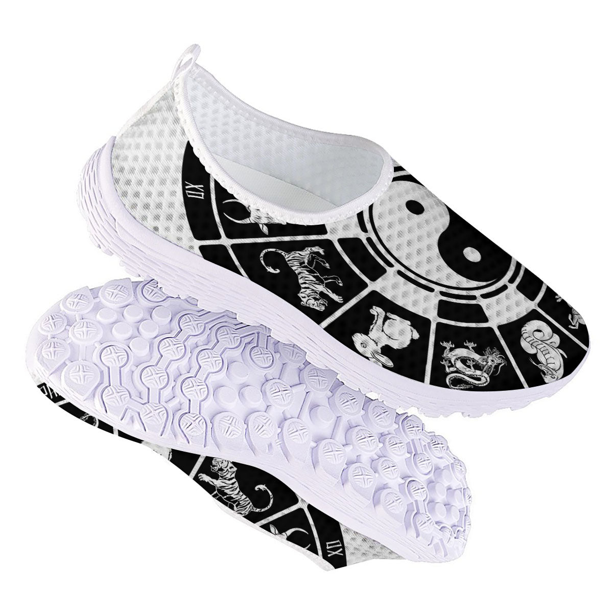 Chinese Zodiac White And Black Print Nurse Shoes-grizzshop