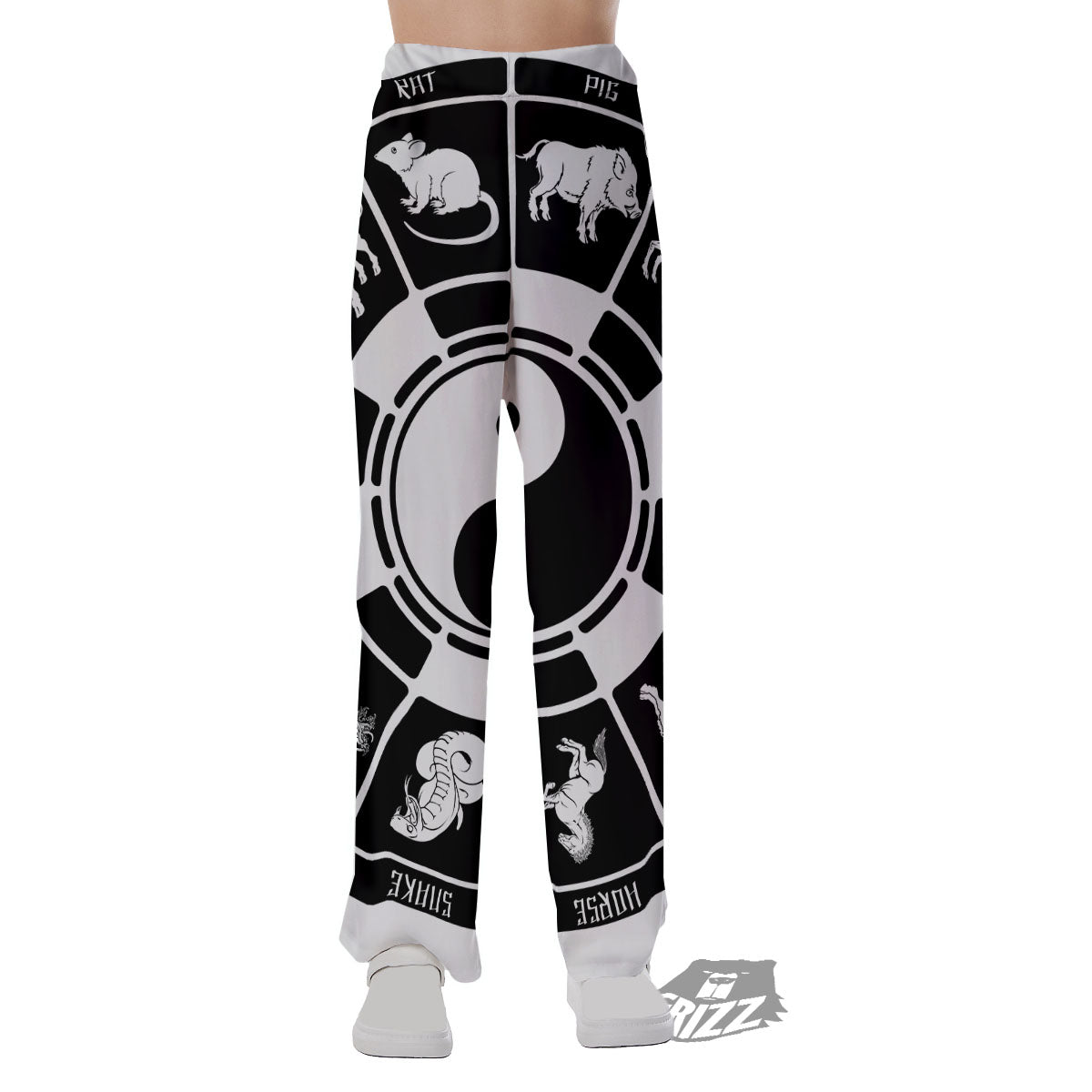Chinese Zodiac White And Black Print Pajama Pants-grizzshop