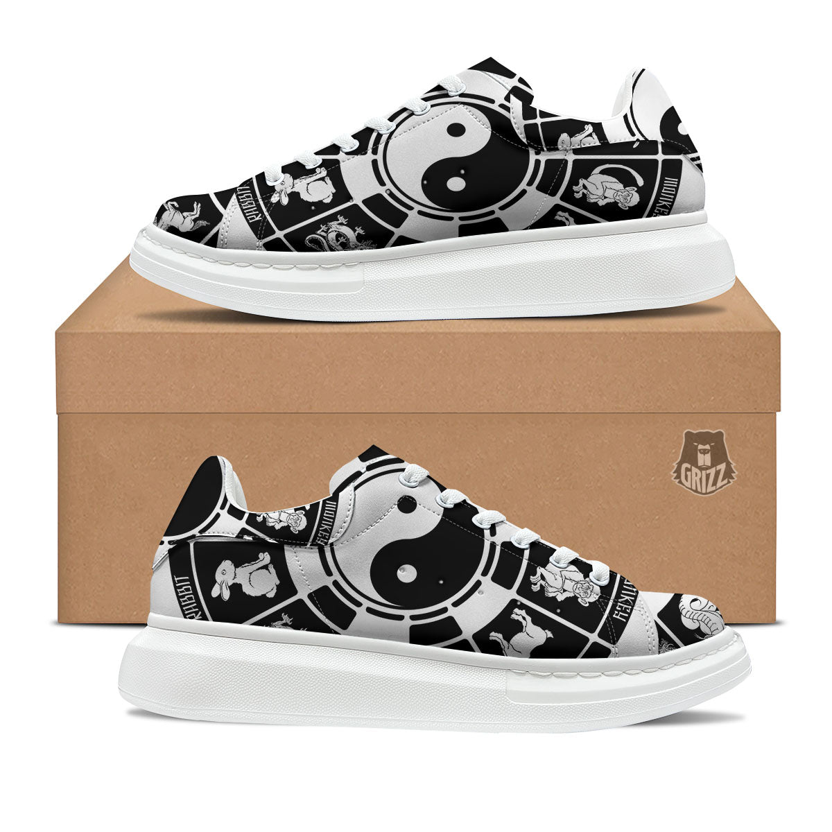 Chinese Zodiac White And Black Print Platform Shoes-grizzshop