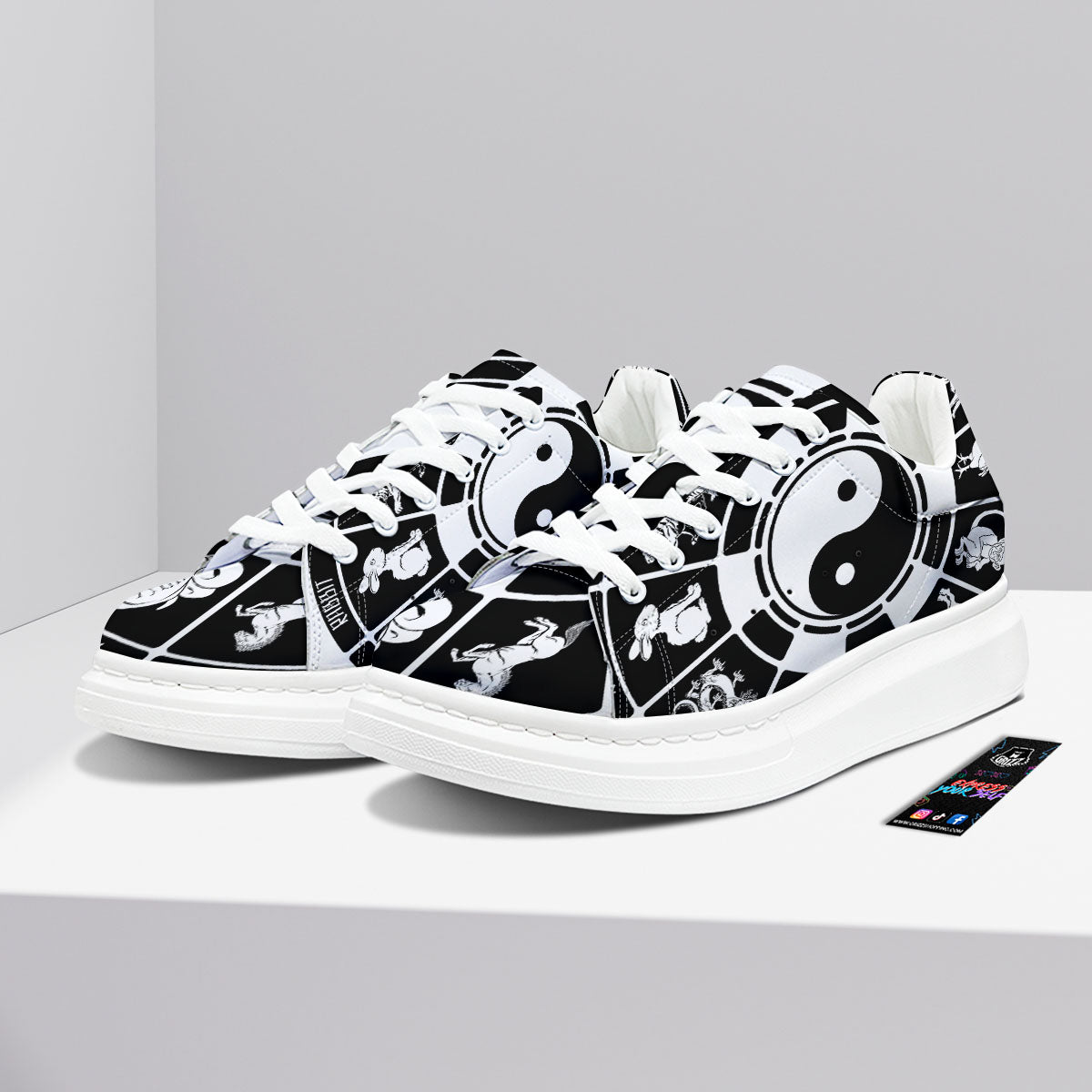Chinese Zodiac White And Black Print Platform Shoes-grizzshop