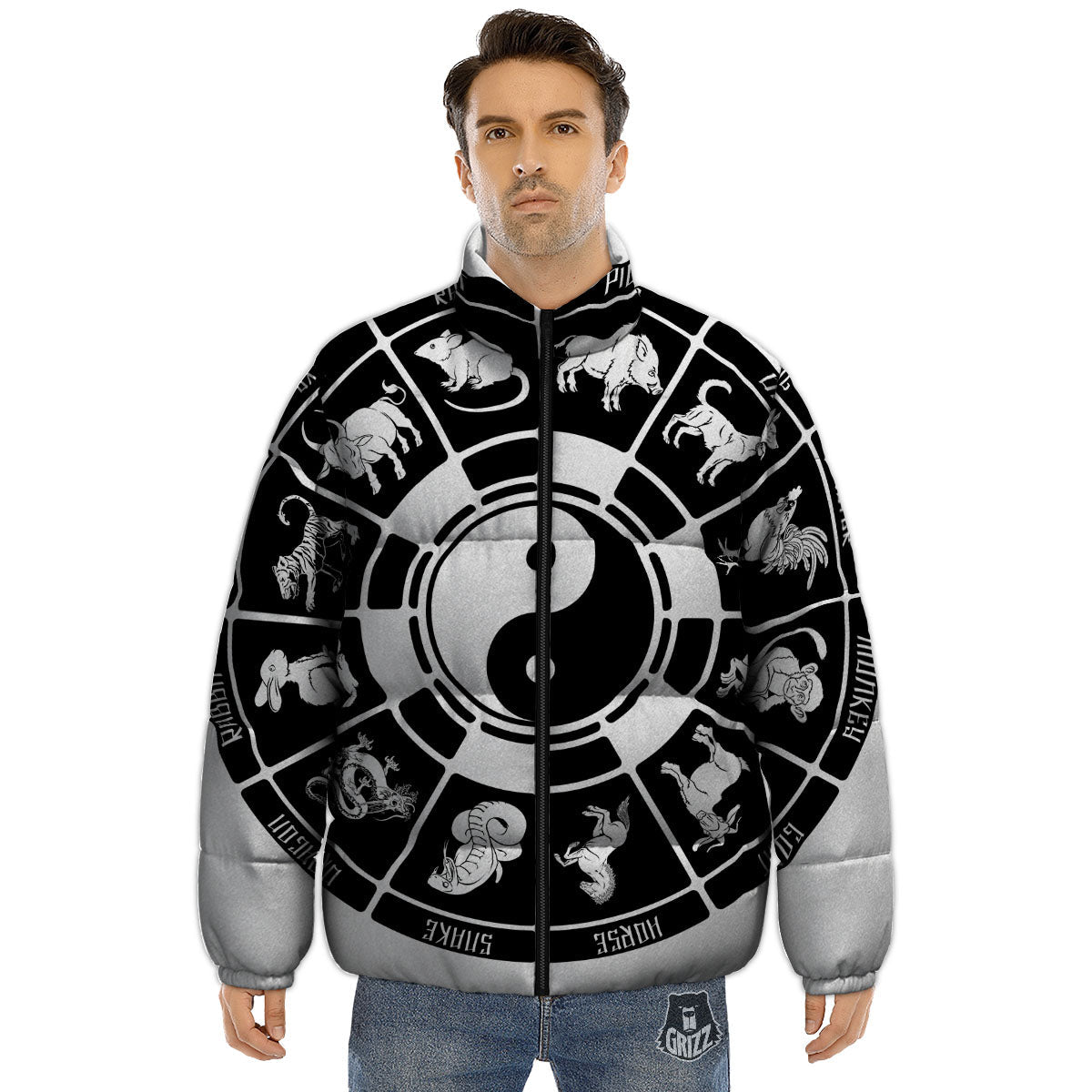 Chinese Zodiac White And Black Print Puffer Jacket-grizzshop