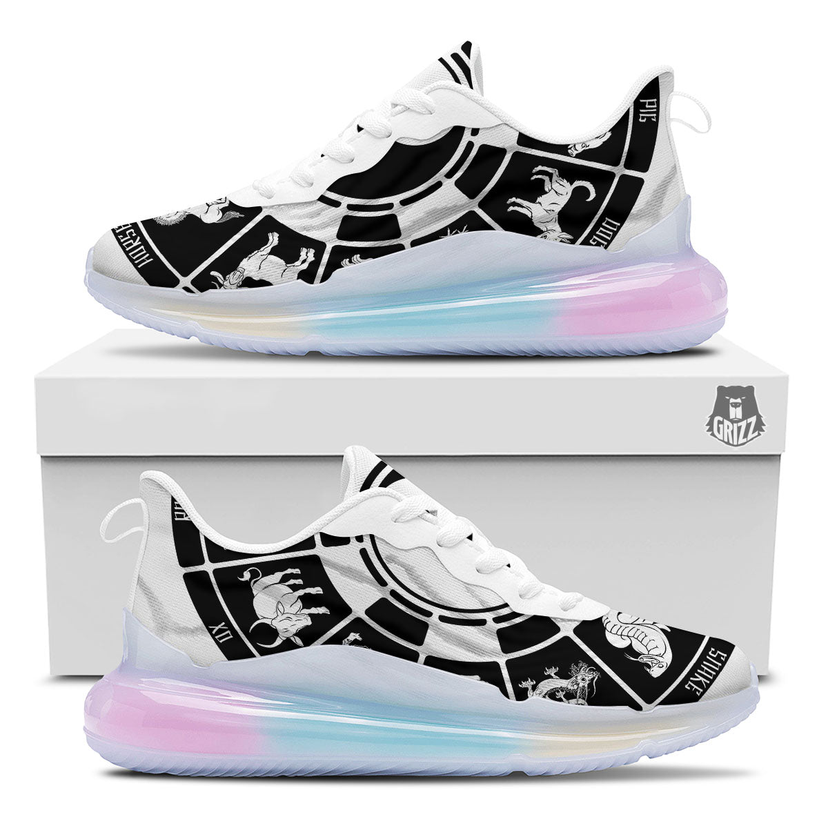 Chinese Zodiac White And Black Print Running Sneakers-grizzshop