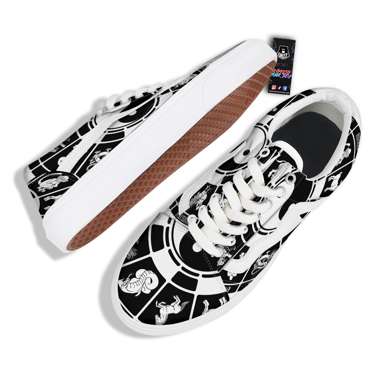 Chinese Zodiac White And Black Print Skate Shoes-grizzshop