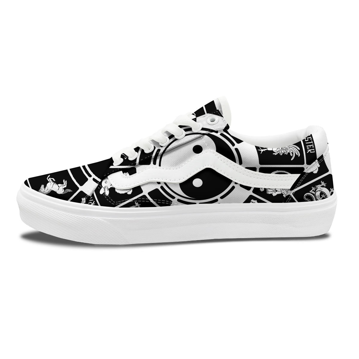 Chinese Zodiac White And Black Print Skate Shoes-grizzshop