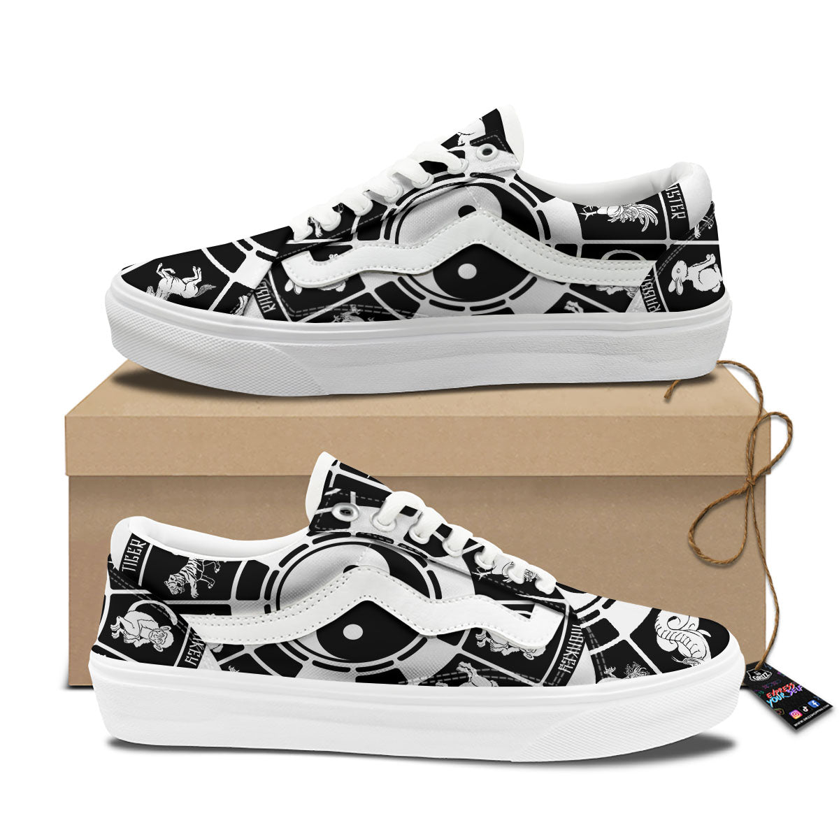 Chinese Zodiac White And Black Print Skate Shoes-grizzshop
