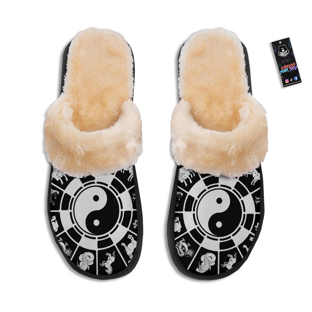 Chinese Zodiac White And Black Print Slippers-grizzshop