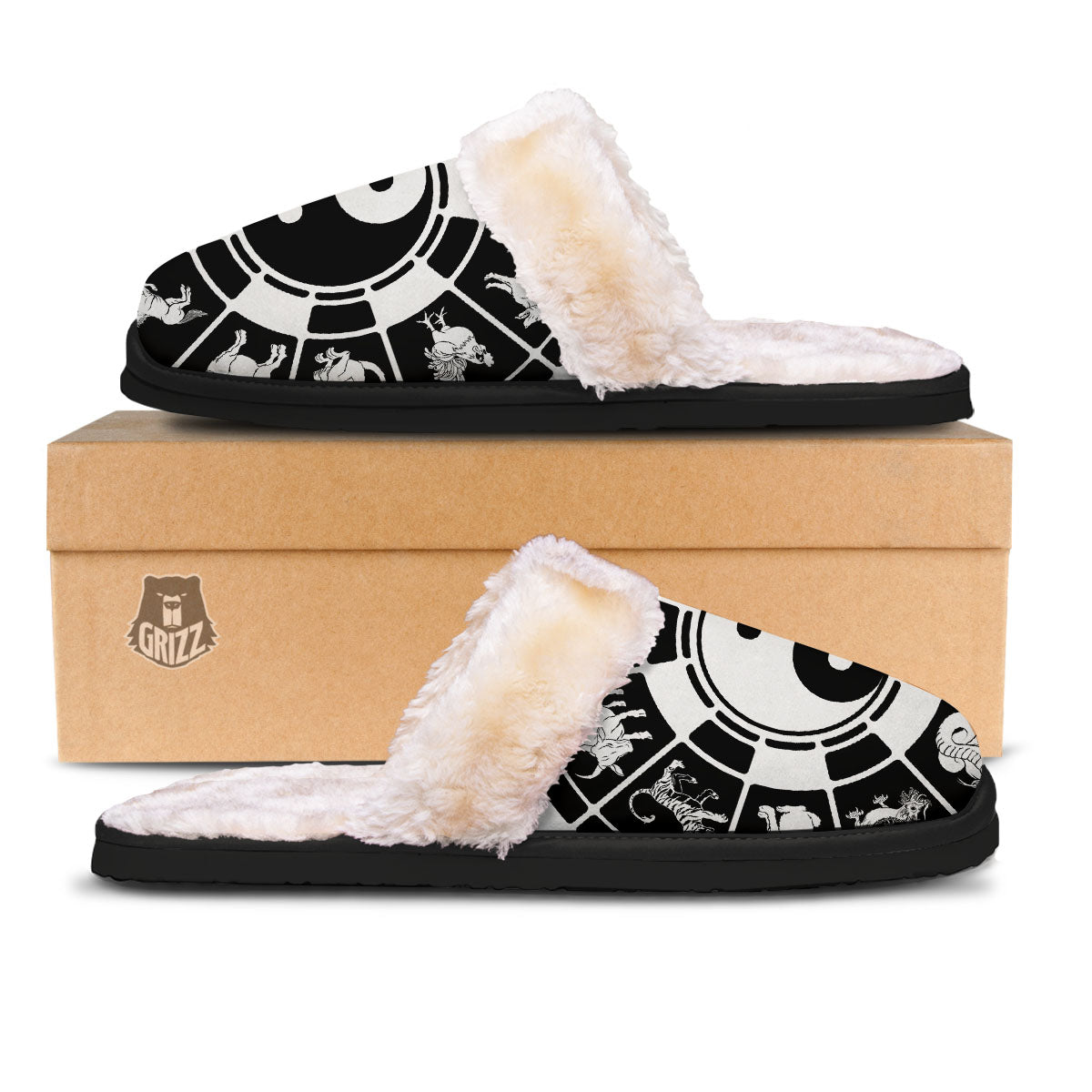 Chinese Zodiac White And Black Print Slippers-grizzshop