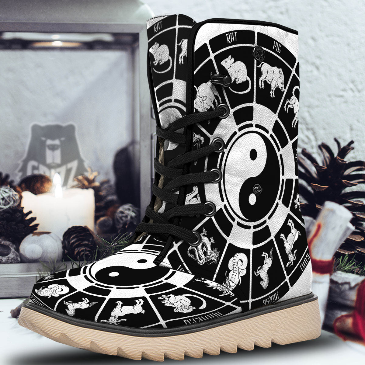 Chinese Zodiac White And Black Print Snow Boots-grizzshop