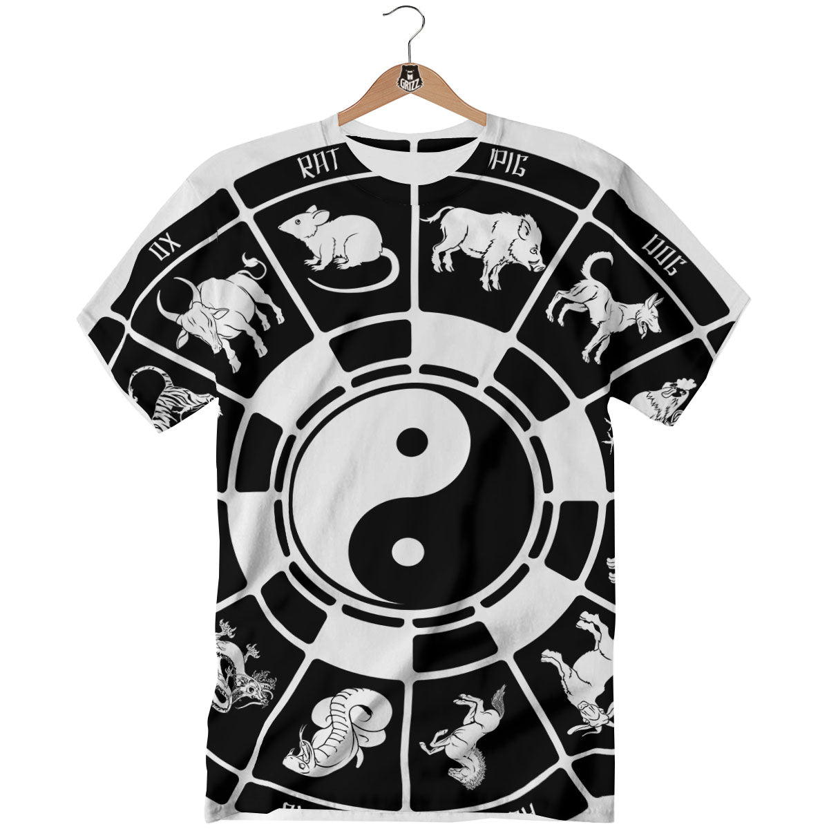 Chinese Zodiac White And Black Print T-Shirt-grizzshop