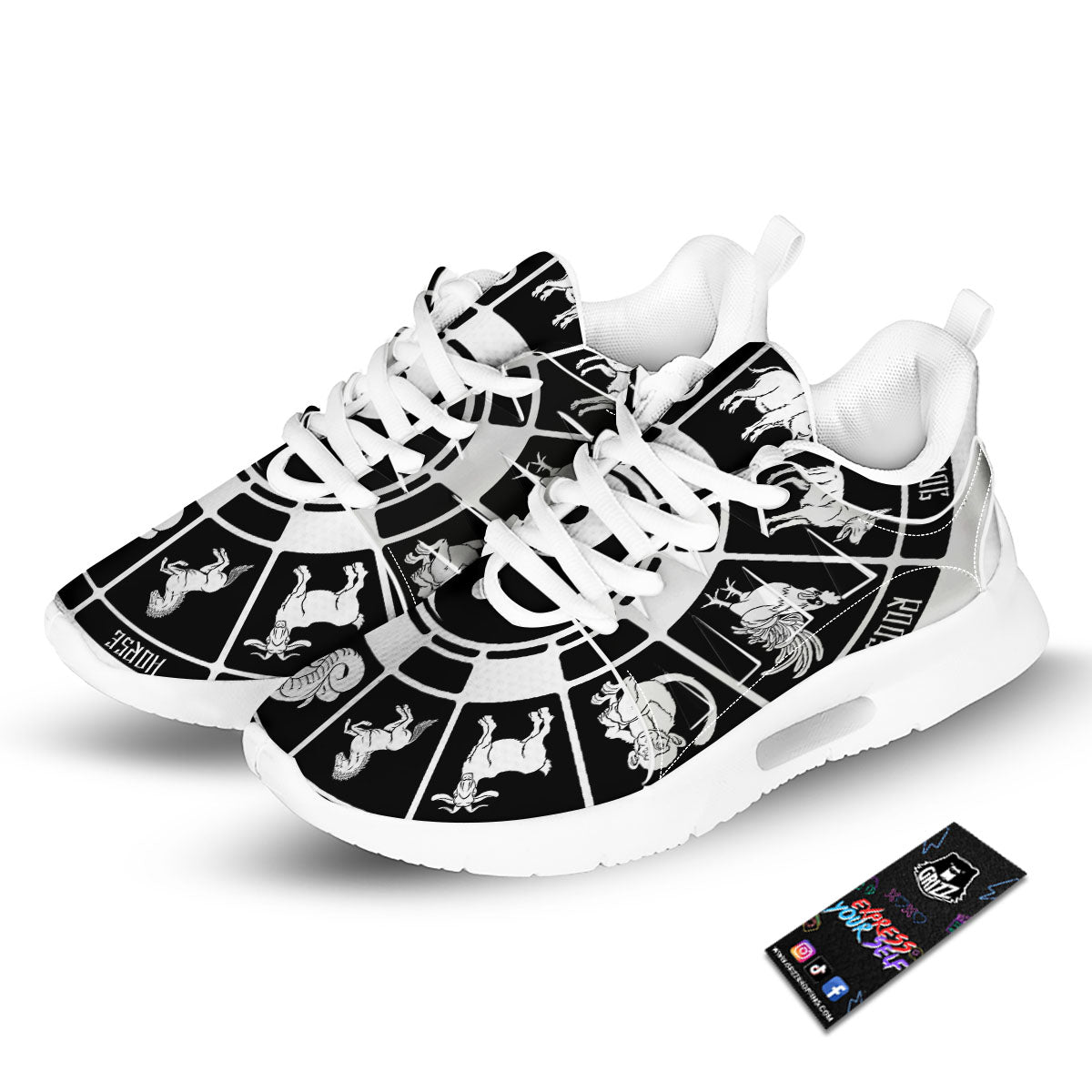 Chinese Zodiac White And Black Print Tennis Shoes-grizzshop