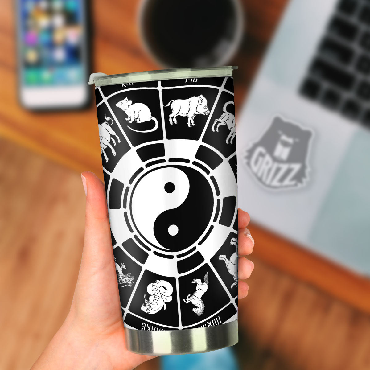 Chinese Zodiac White And Black Print Tumbler-grizzshop