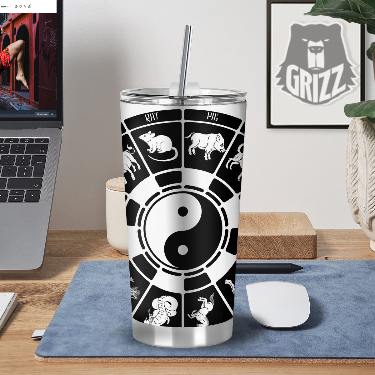 Chinese Zodiac White And Black Print Tumbler-grizzshop