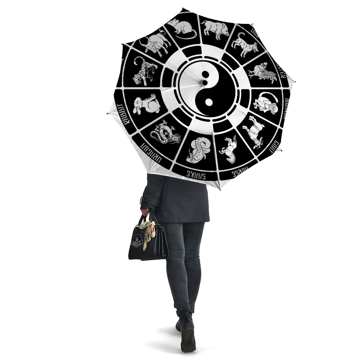 Chinese Zodiac White And Black Print Umbrella-grizzshop