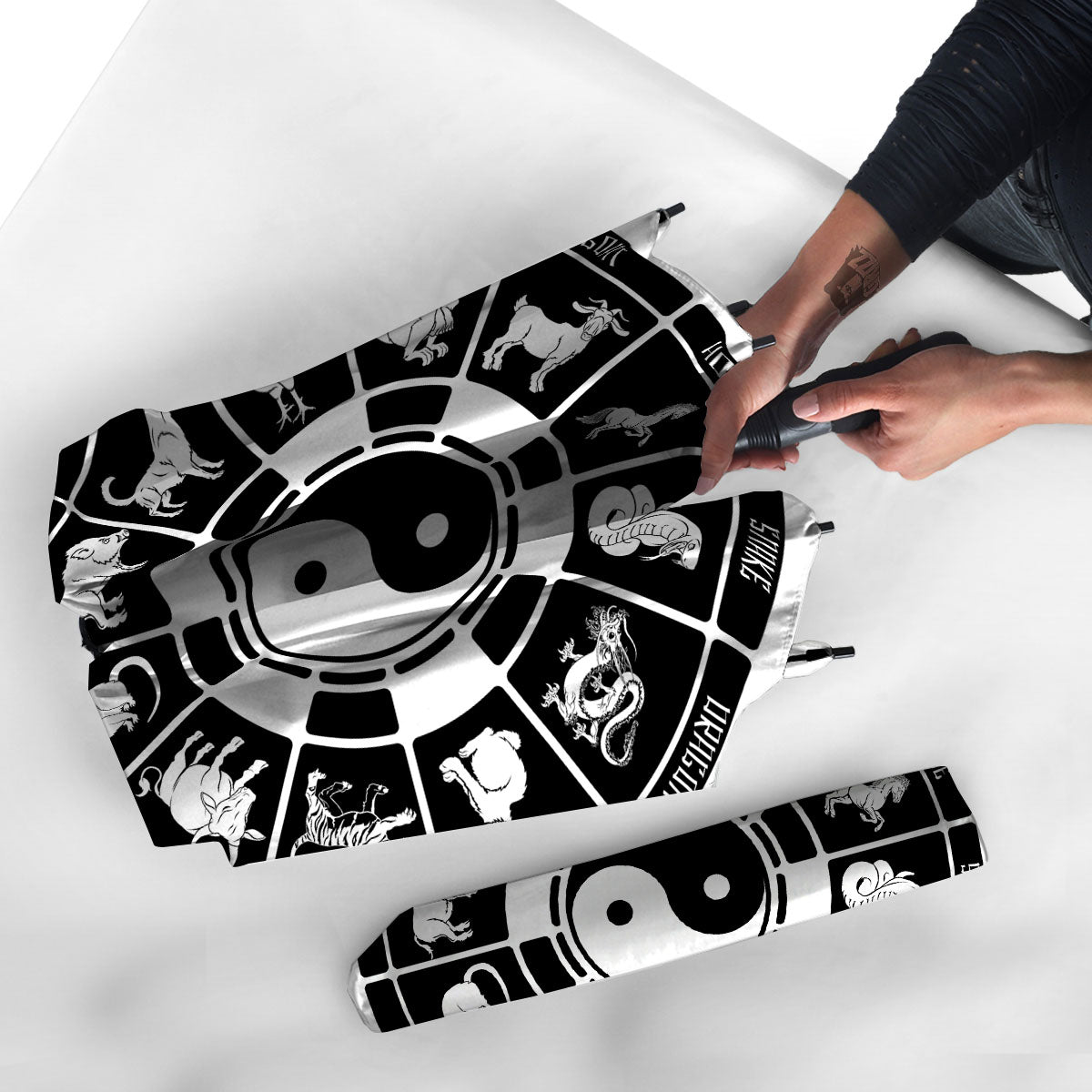 Chinese Zodiac White And Black Print Umbrella-grizzshop