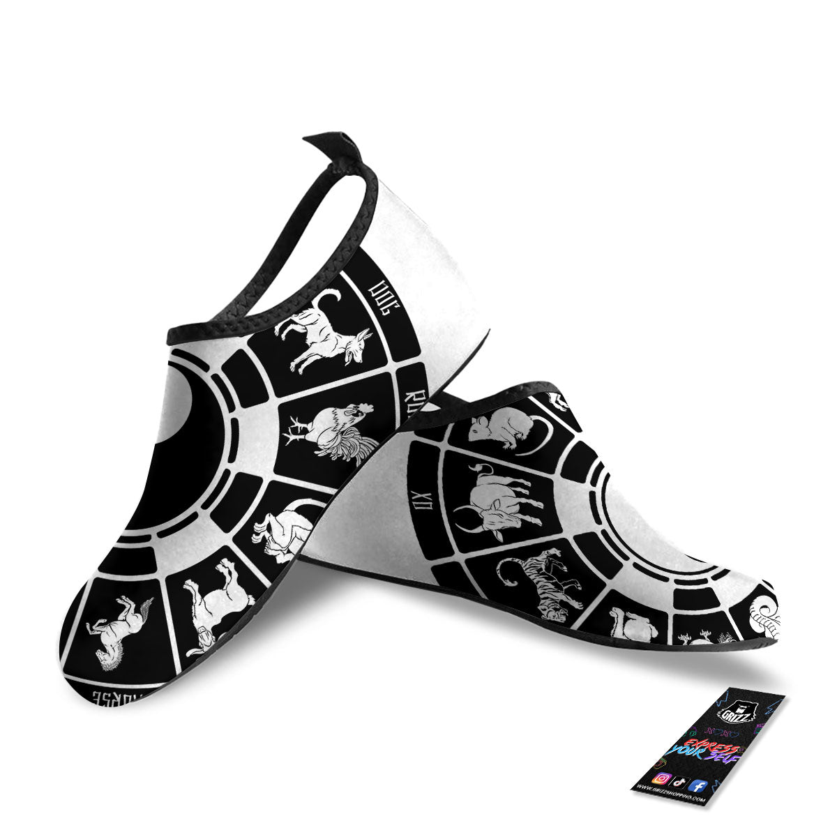 Chinese Zodiac White And Black Print Water Shoes-grizzshop