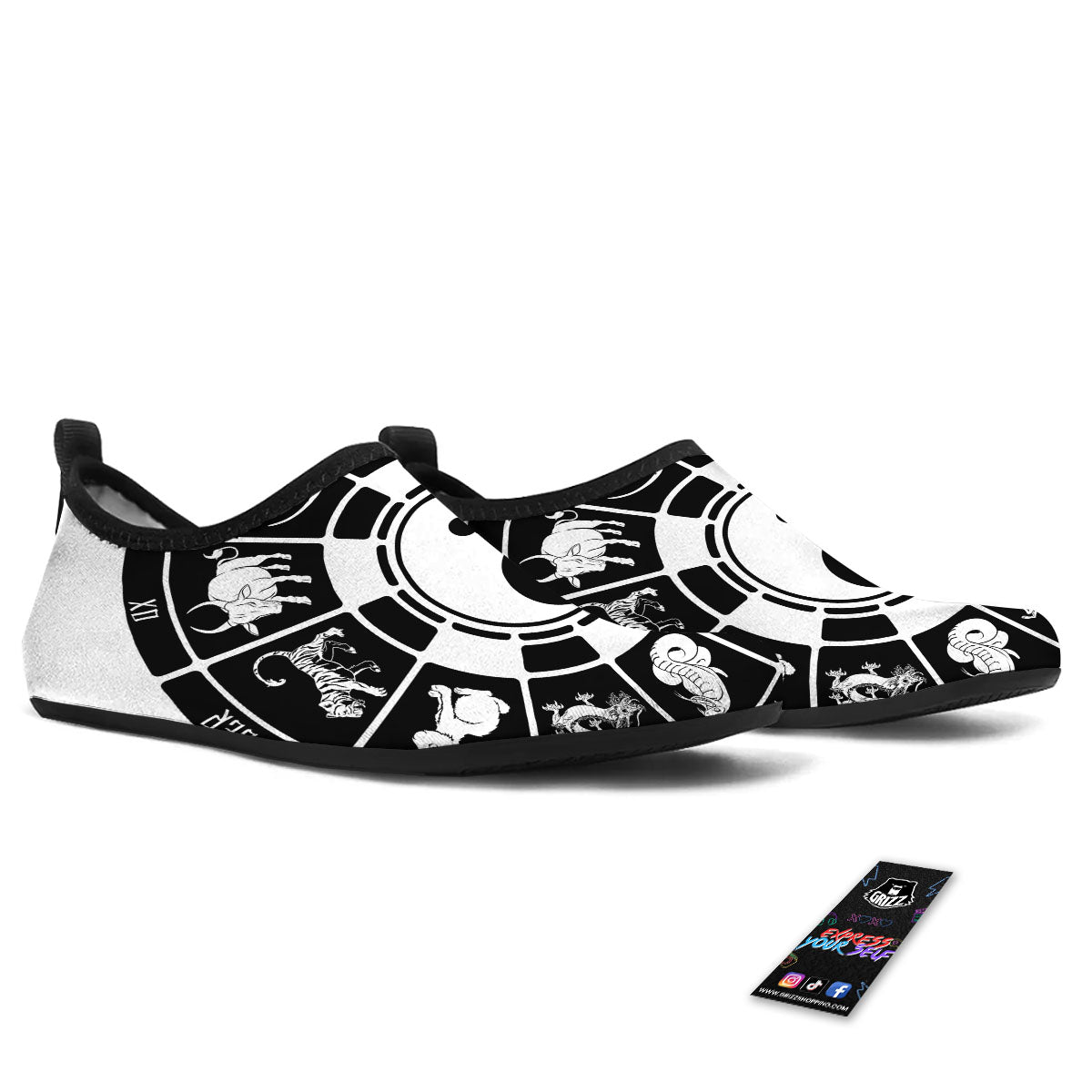 Chinese Zodiac White And Black Print Water Shoes-grizzshop