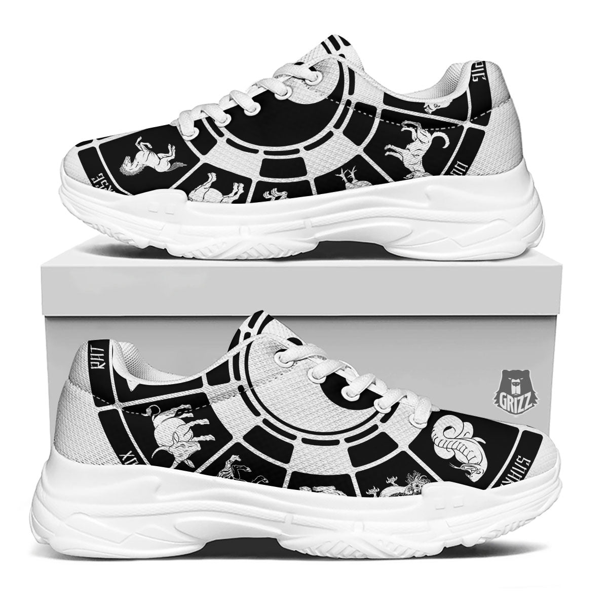 Chinese Zodiac White And Black Print White Chunky Shoes-grizzshop