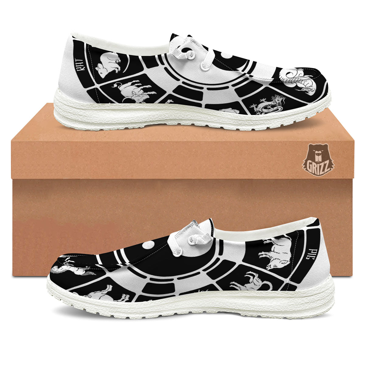 Chinese Zodiac White And Black Print White Loafers-grizzshop