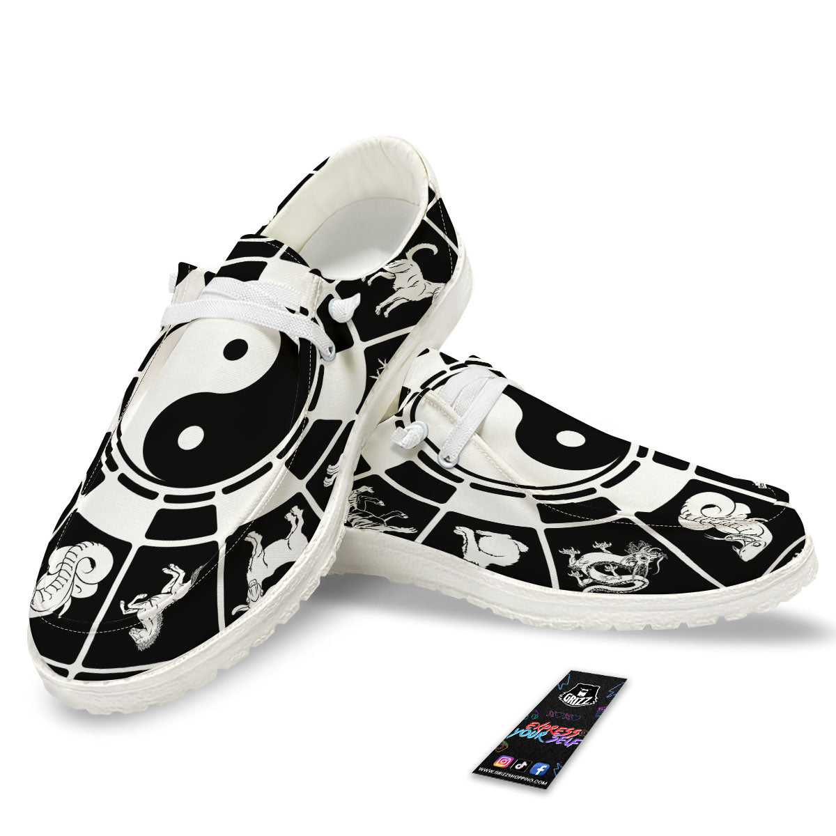 Chinese Zodiac White And Black Print White Loafers-grizzshop