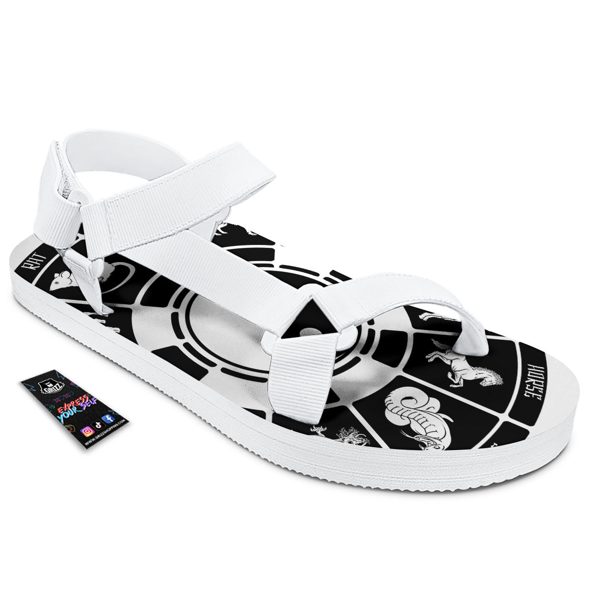 Chinese Zodiac White And Black Print White Open Toe Sandals-grizzshop