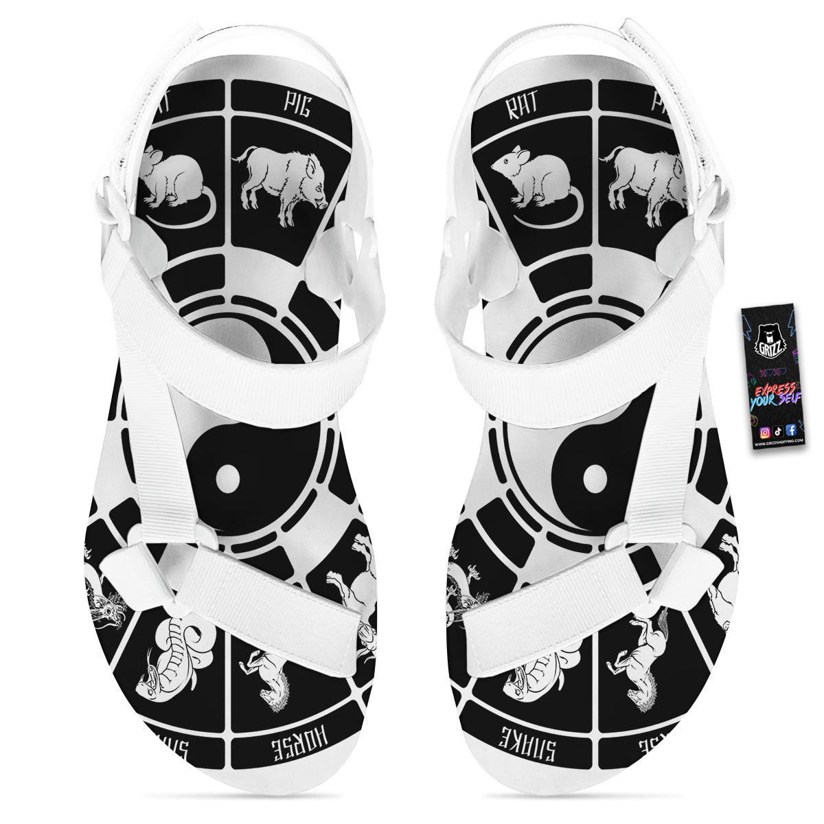 Chinese Zodiac White And Black Print White Open Toe Sandals-grizzshop